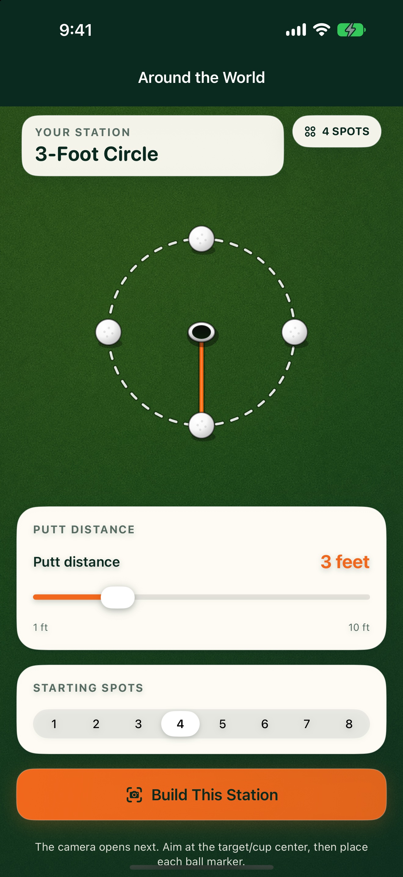 Actual PuttStation app: a three-foot Around the World station and its distance controls