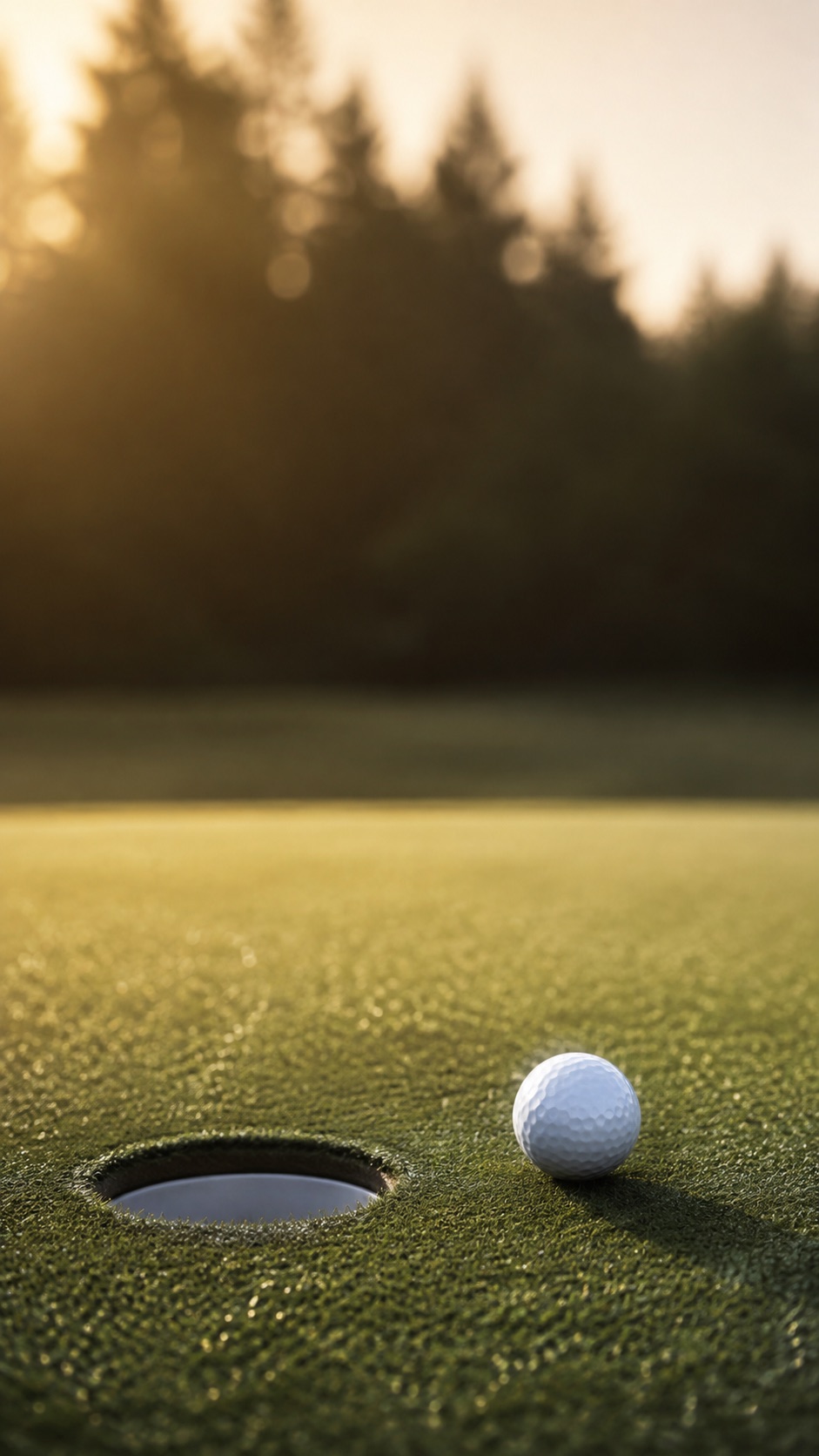 A golf ball beside a cup at golden hour